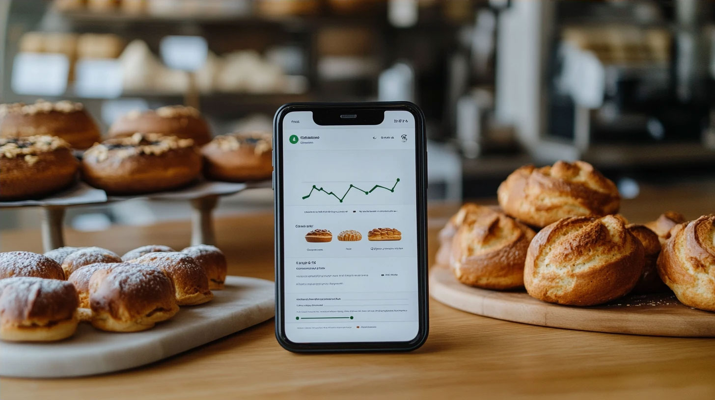 A mobile phone displaying a fast-loading Canadian bakery website, with a graph showing bounce rates dropping, and a subtle IPv6 logo in the corner, photorealistic