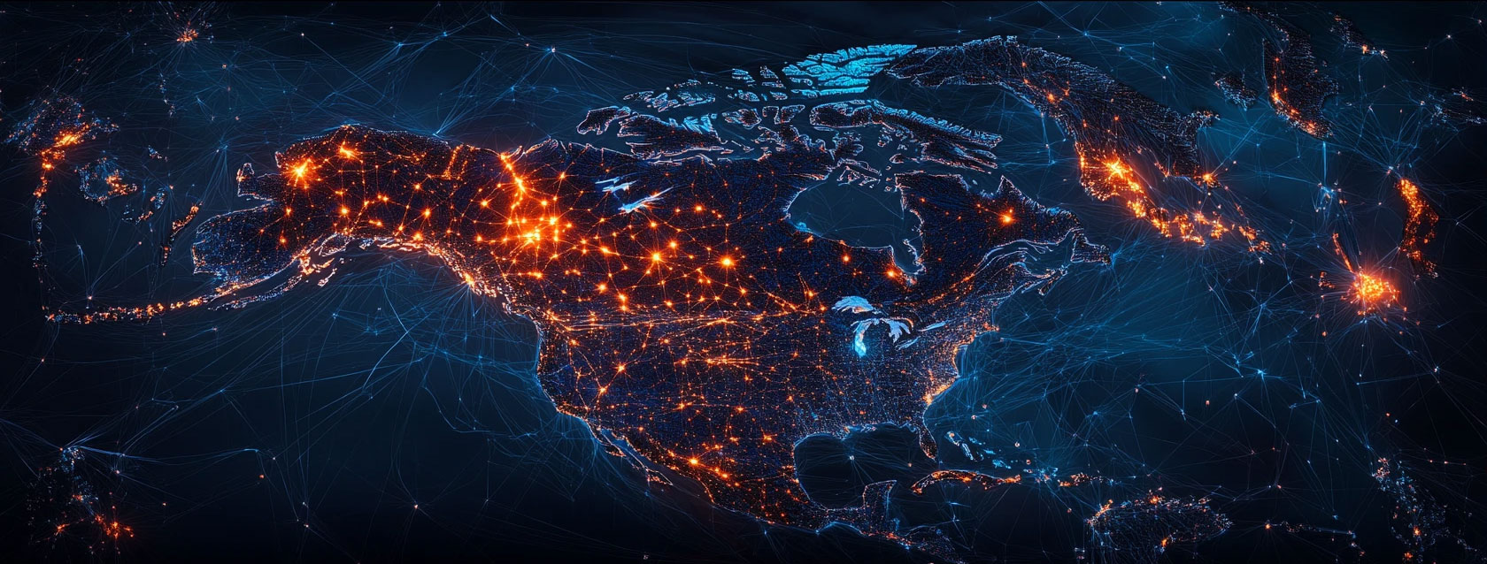 A map of Canada with glowing network lines; Alberta and British Columbia highlighted in blue to show advanced IPv6 adoption, while Quebec and the Maritimes are less illuminated, digital art