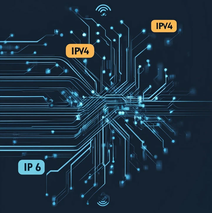 tangled network cable labeled “IPv4”, expansive digital highway labeled “IPv6”