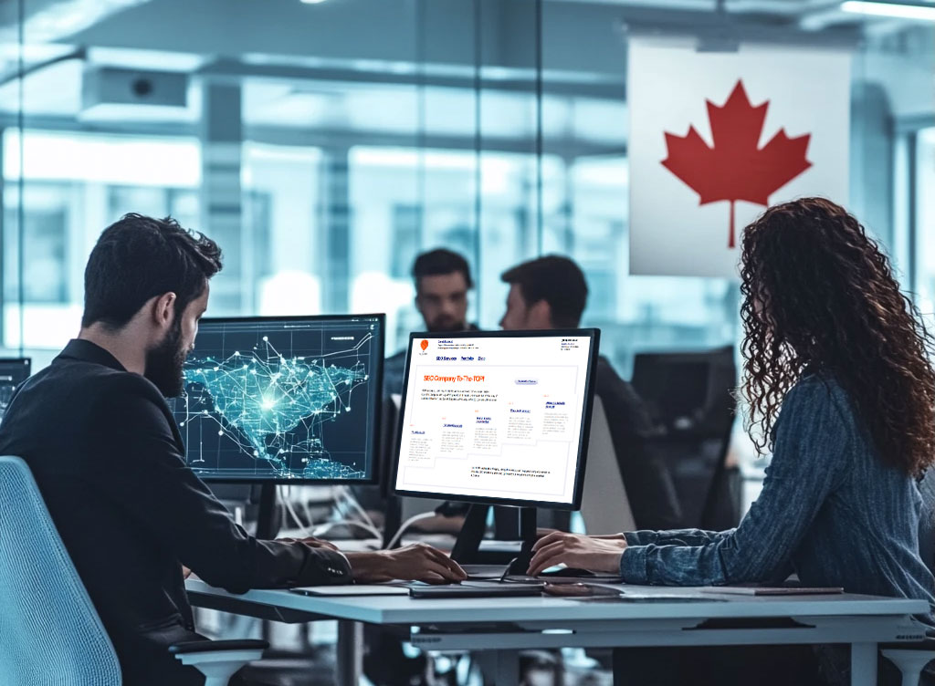 A modern Canadian business office with diverse professionals collaborating at computers, digital network maps on screens, and a subtle Canadian flag in the background