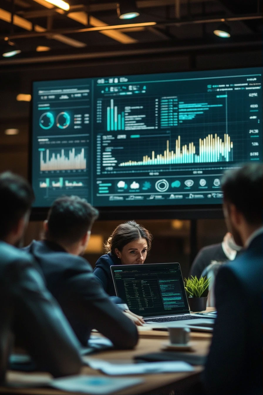SEO team in a conference room, looking at a large screen with SEO graphs, analytics charts, and network icons, some people appear puzzled while others are optimistic, Canadian office setting